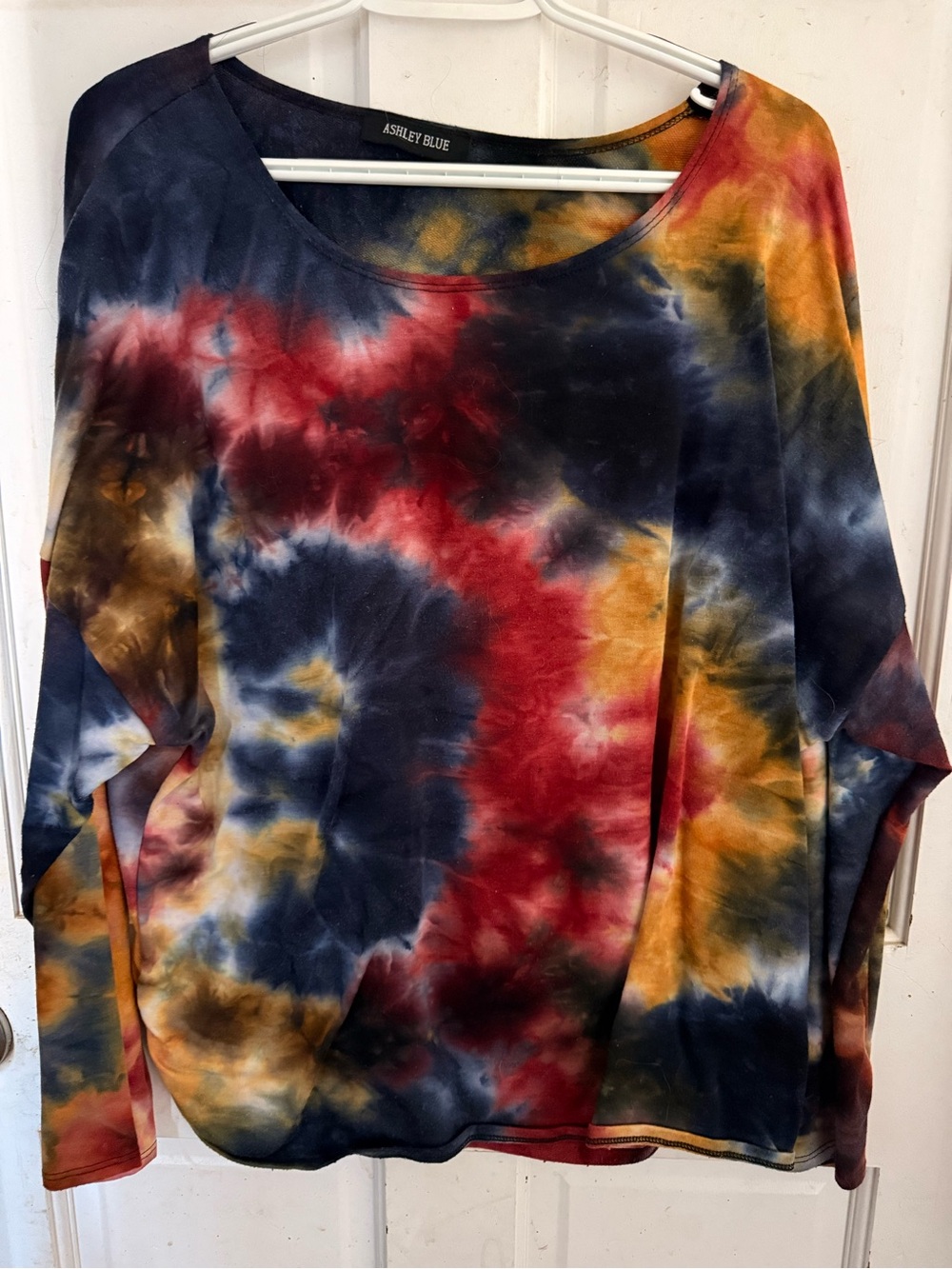 Ashley Blue Multicolor Tie-Dye Long Sleeve Pullover - Navy, Red & Gold